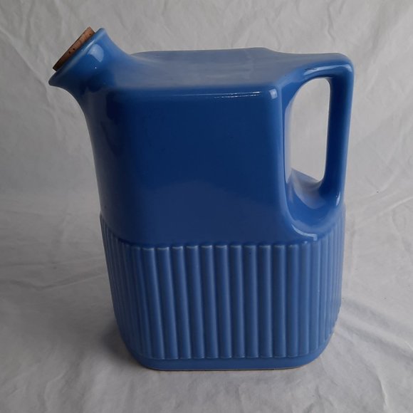 RARE Midcentury Blue Ceramic Refrigerator Pitcher with Cork Stopper - 8.25" tall - Picture 2 of 7